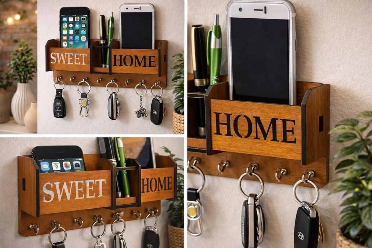 Sweet Home Key Holder for Wall with Mobile Stand Wooden Wall Organizer - Image 4